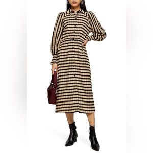 Topshop Black and Tan Checkered Long Sleeve Dress puff sleeve button down midi 8